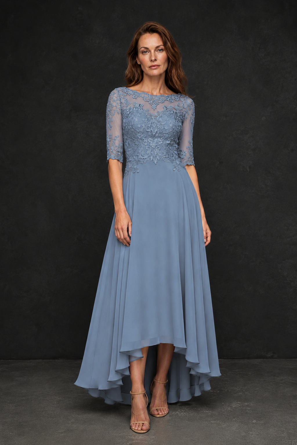 BOLODOO Dusty Blue Illusion Lace 3/4 Sleeve Hi-Lo Chiffon A-Line Dress | Mother of the Bride Tea Length Dress - Dusty Blue