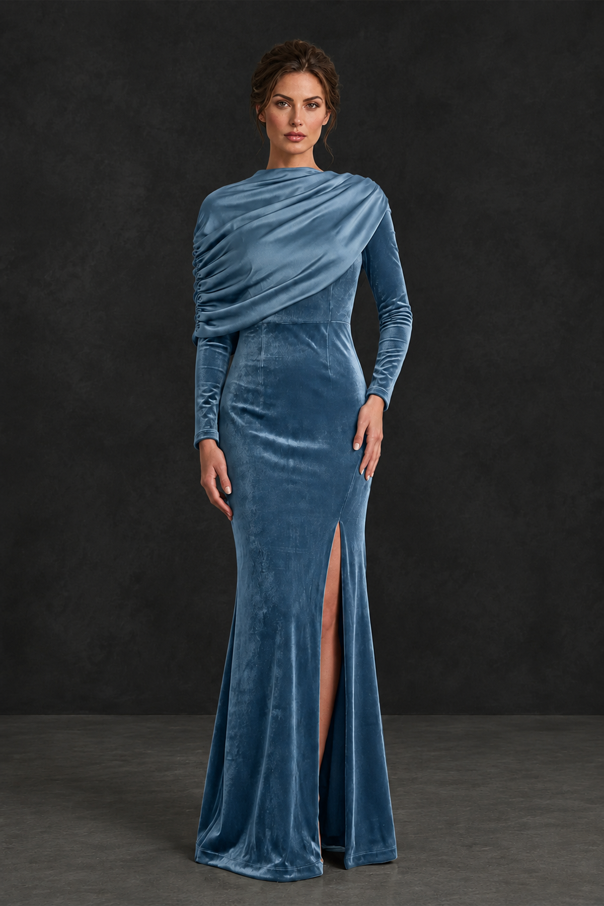 BOLODOO Dusty Blue Velvet Long Sleeve Draped Mother of the Bride Dress - Dusty Blue - Dusty_Blue_1