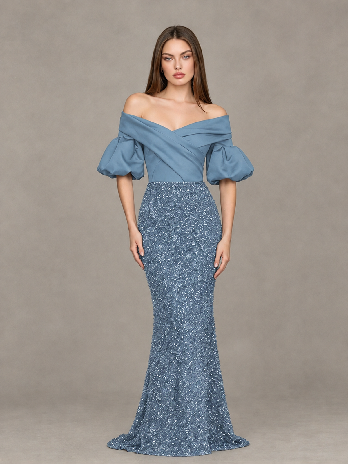 BOLODOO Dusty Blue Off-Shoulder Puff Sleeve Sequin Mermaid Evening Dress - Dusty Blue - Dusty Blue_1