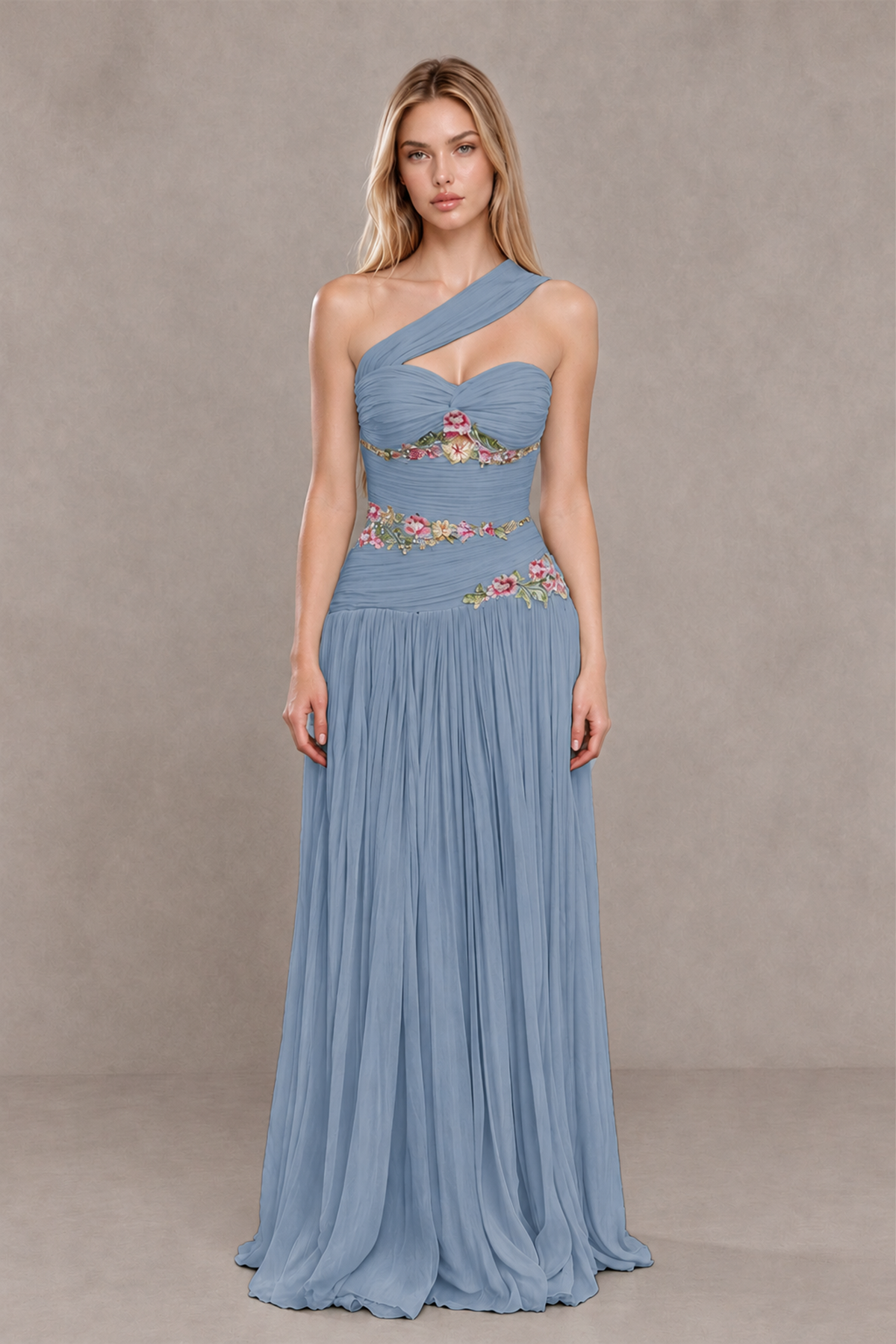BOLODOO Dusty Blue One-Shoulder Floral Applique A-Line Evening Dress - Dusty Blue - Dusty Blue_1