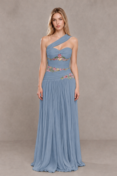 BOLODOO Dusty Blue One-Shoulder Floral Applique A-Line Evening Dress - Dusty Blue - Dusty Blue_1