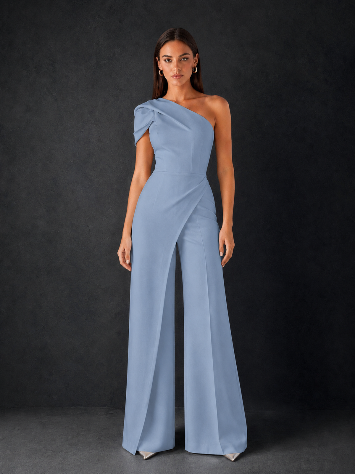 BOLODOO Dusty Blue One-Shoulder Puff Sleeve Wide-Leg Jumpsuit with Front Slit and Open Back - Dusty Blue