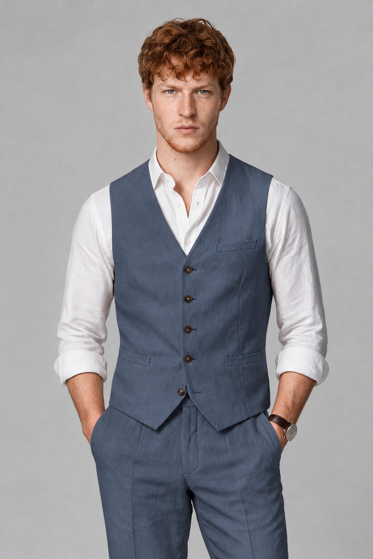 Bolodoo Men's Dusty Blue 2-Piece Vest and Pants Set with V-Neck Waistcoat - Dusty Blue - Dusty Blue_1