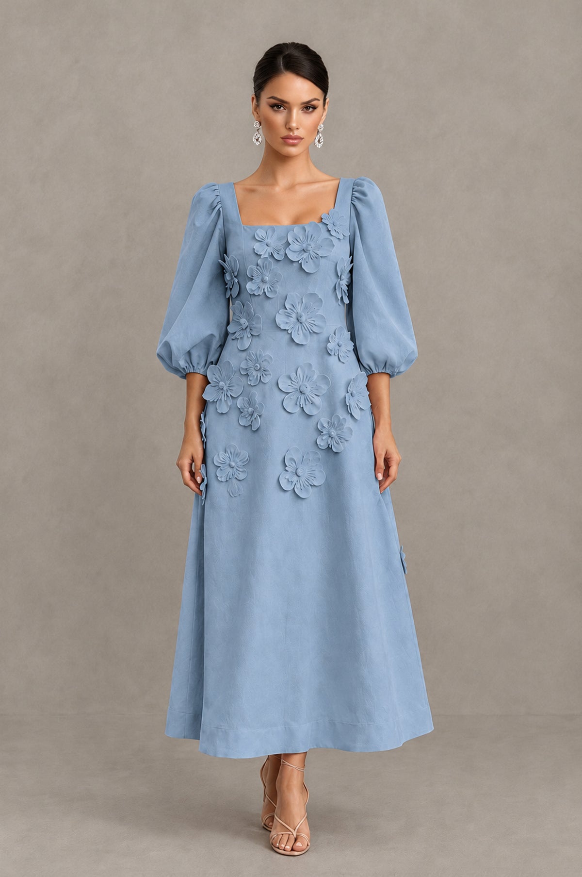 BOLODOO Dusty Blue 3D Floral Puff Sleeve Midi Cocktail Dress - Dusty Blue - Dusty Blue_1
