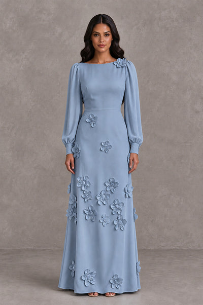 BOLODOO Dusty Blue Long Sleeve Floral Applique A-Line Evening Dress - Dusty Blue - Dusty Blue_1