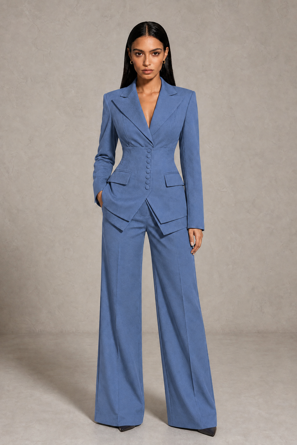 BOLODOO Dusty Blue Cinched Waist Blazer and Wide Leg Pants Two Piece Suit Set - Dusty Blue