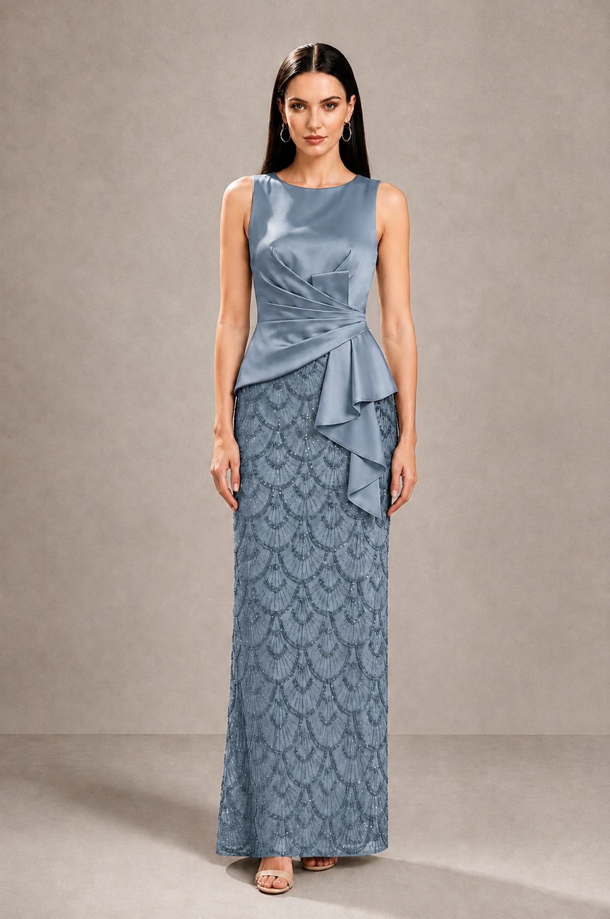 BOLODOO Dusty Blue Sleeveless Satin & Lace Peplum Evening Dress - Dusty Blue - Dusty_Blue_1
