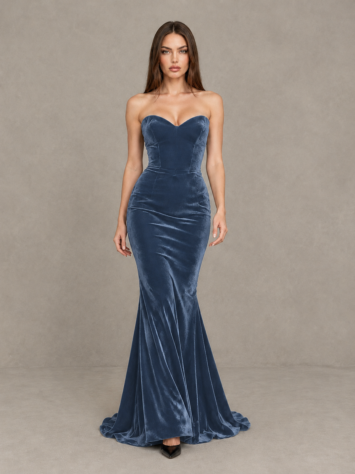 BOLODOO Dusty Blue Strapless Sweetheart Velvet-Look Mermaid Evening Dress - Dusty Blue - Dusty Blue_1