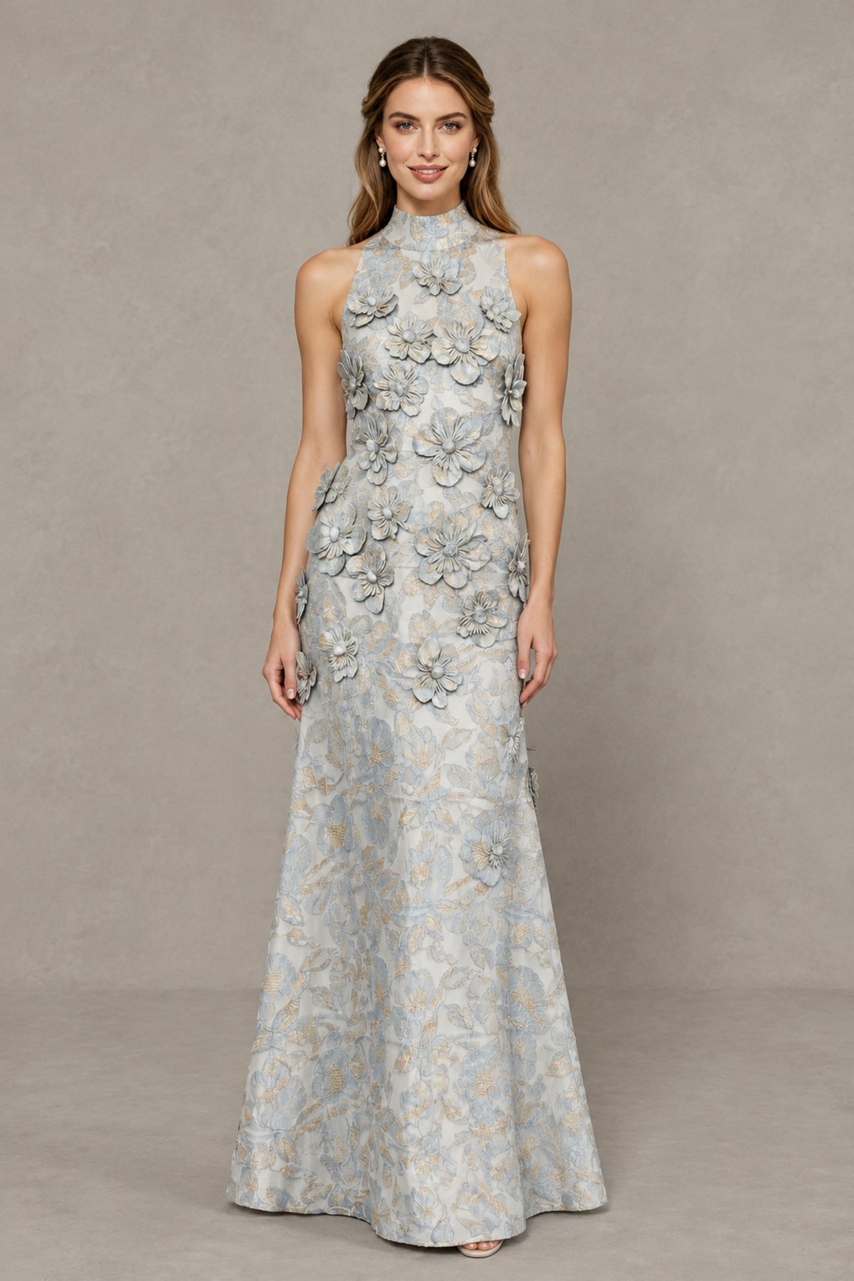 BOLODOO Dusty Blue High Neck Sleeveless 3D Floral Evening Gown - Dusty Blue