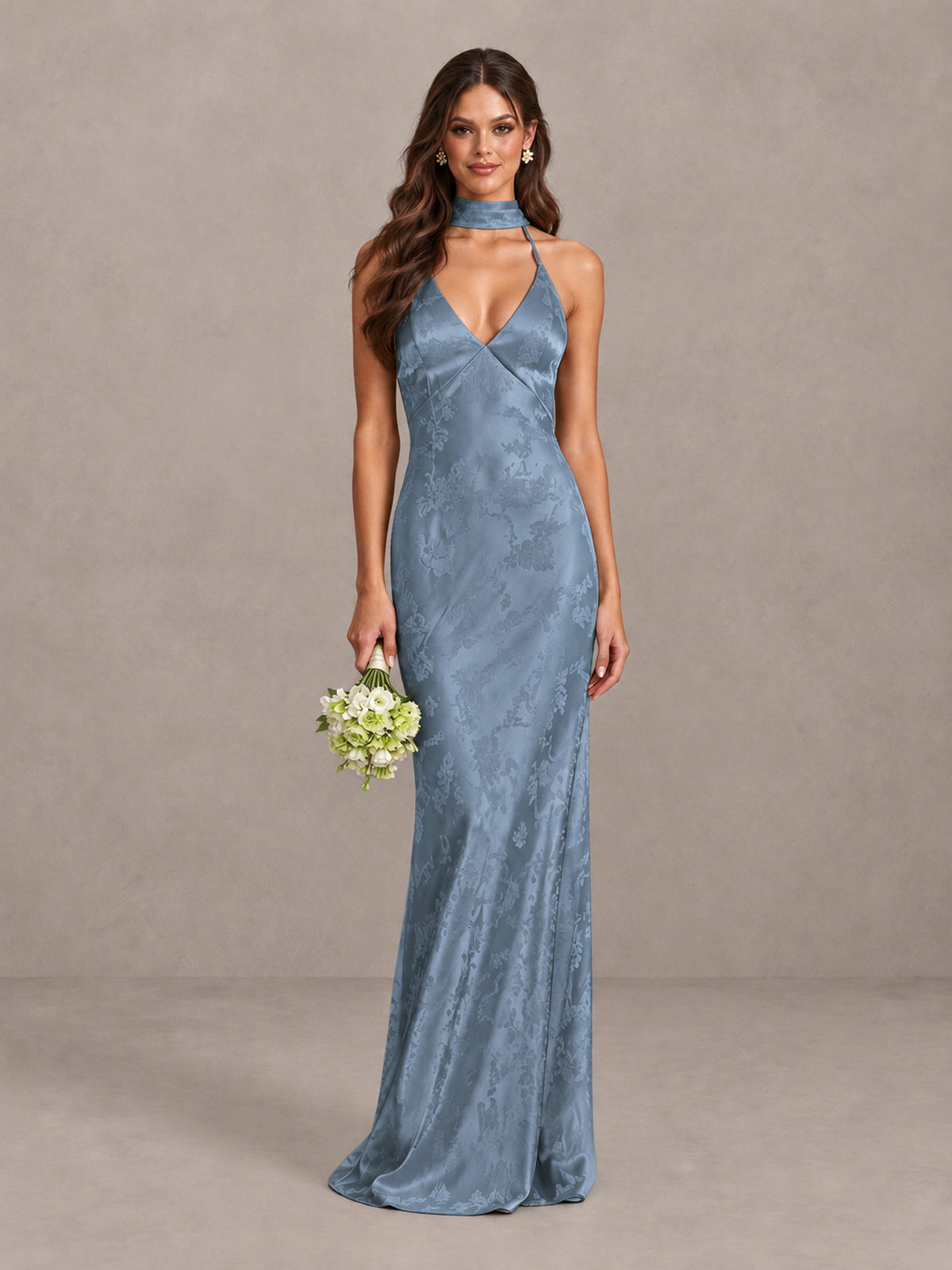 BOLODOO Dusty Blue Floral Satin Open-Back Bridesmaid Dress - Dusty Blue - Dusty Blue_1