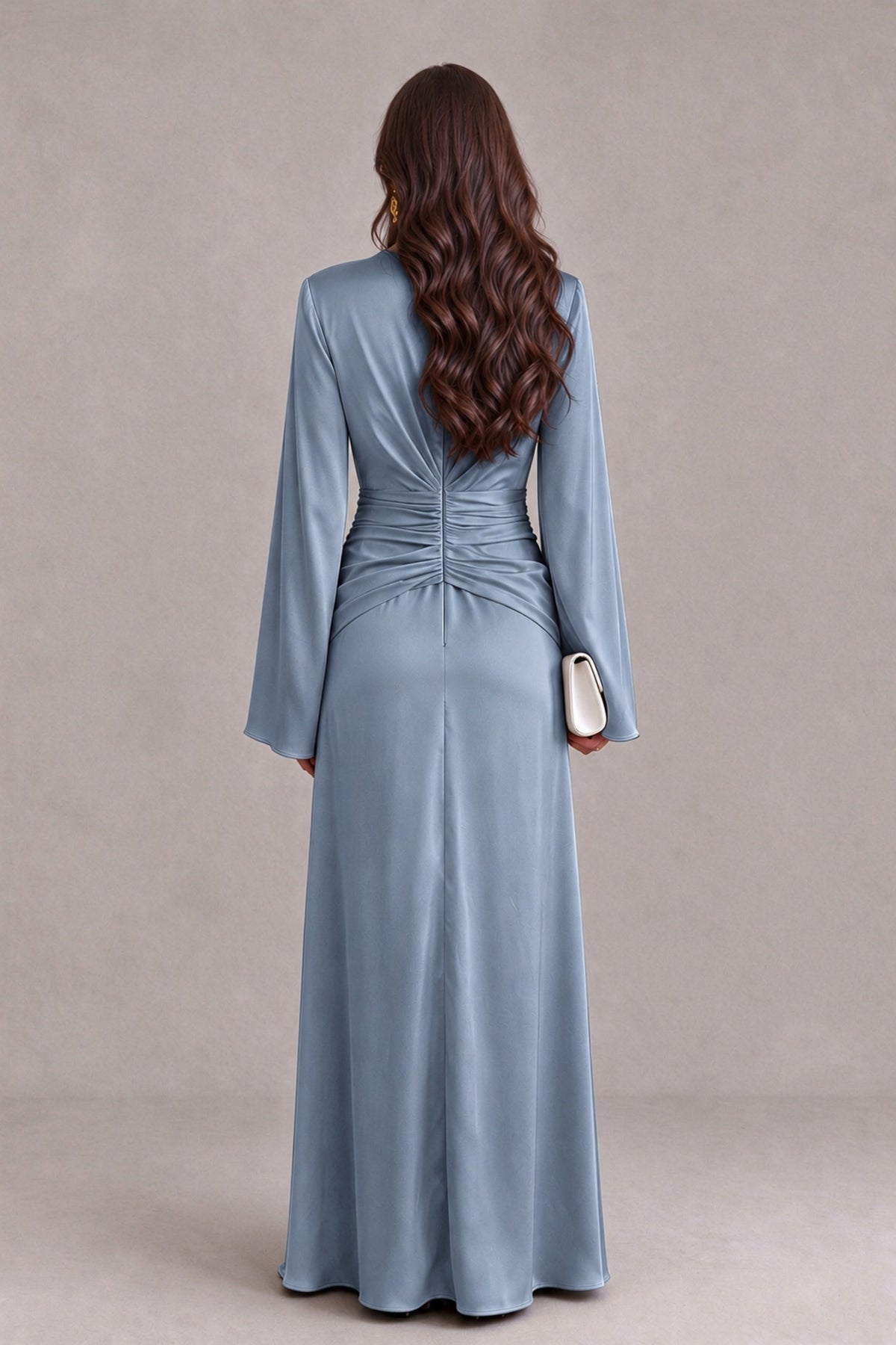 BOLODOO Dusty Blue Yellow Satin-Look V-Neck Long Bell Sleeve Evening Dress - Dusty Blue - Dusty_Blue_2