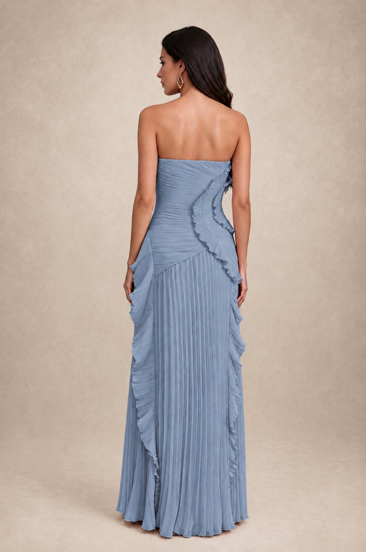 BOLODOO Dusty Blue Strapless Ruffle Pleated Slit Evening Gown - Dusty Blue - Dusty Blue_2