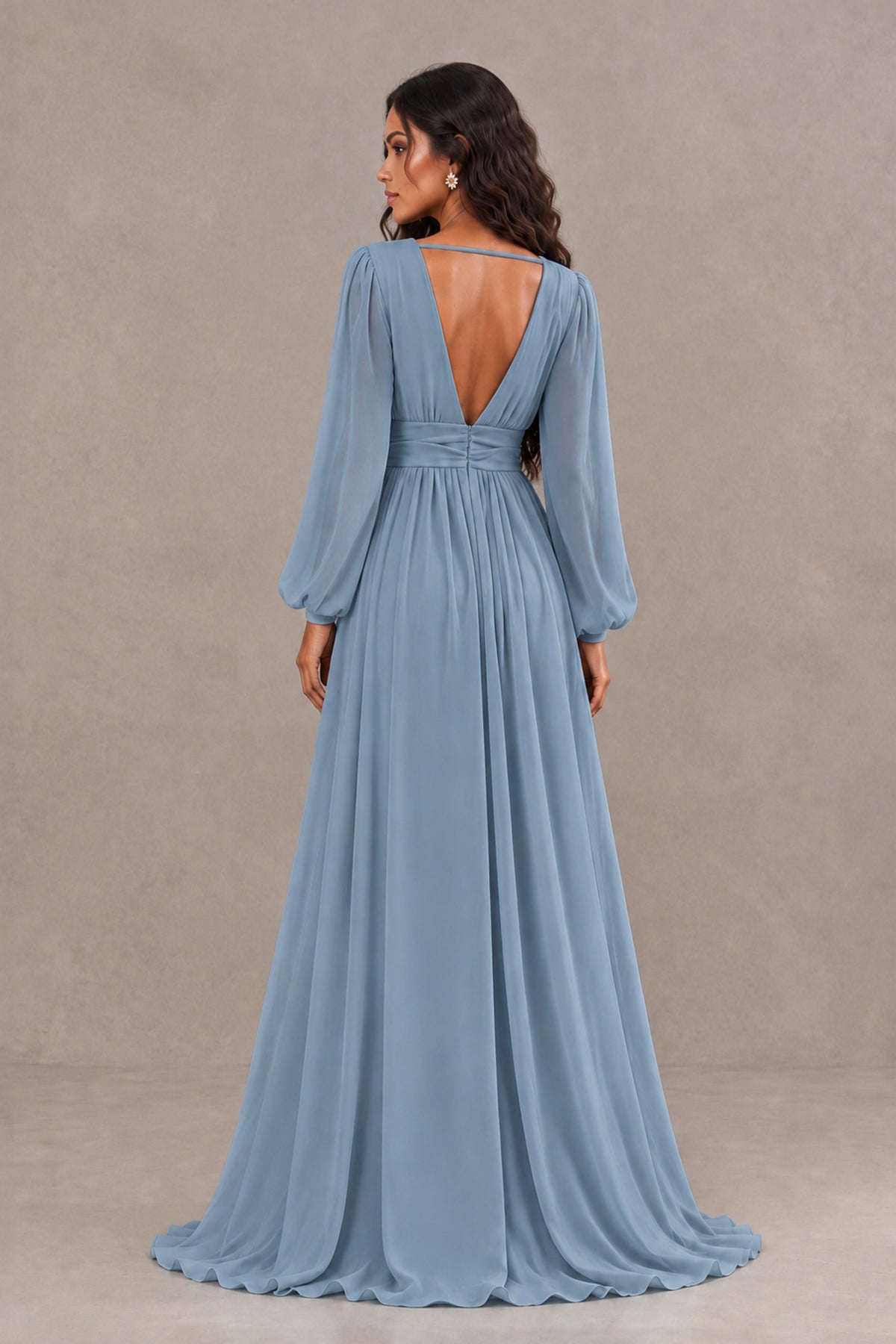 BOLODOO Dusty Blue Long Sleeve V-Neck A-Line Gown with Open Back & Slit - Dusty Blue - Dusty Blue_2