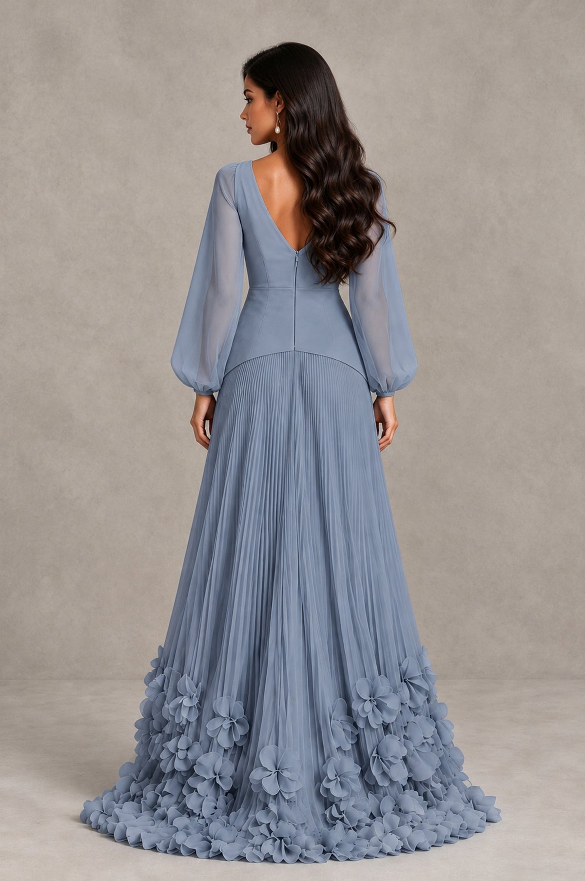 BOLODOO Dusty Blue V-Neck Long Sleeve Pleated Floral Hem Evening Dress - Dusty Blue - Dusty Blue_2