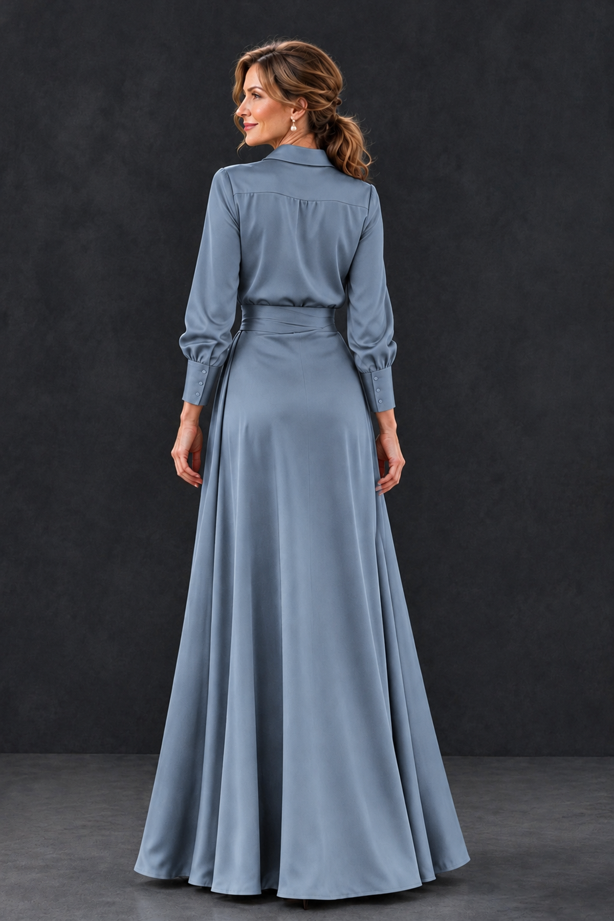 BOLODOO Dusty Blue Long Sleeve Satin-Look Lace Panel Gown - Dusty Blue - Dusty Blue_2