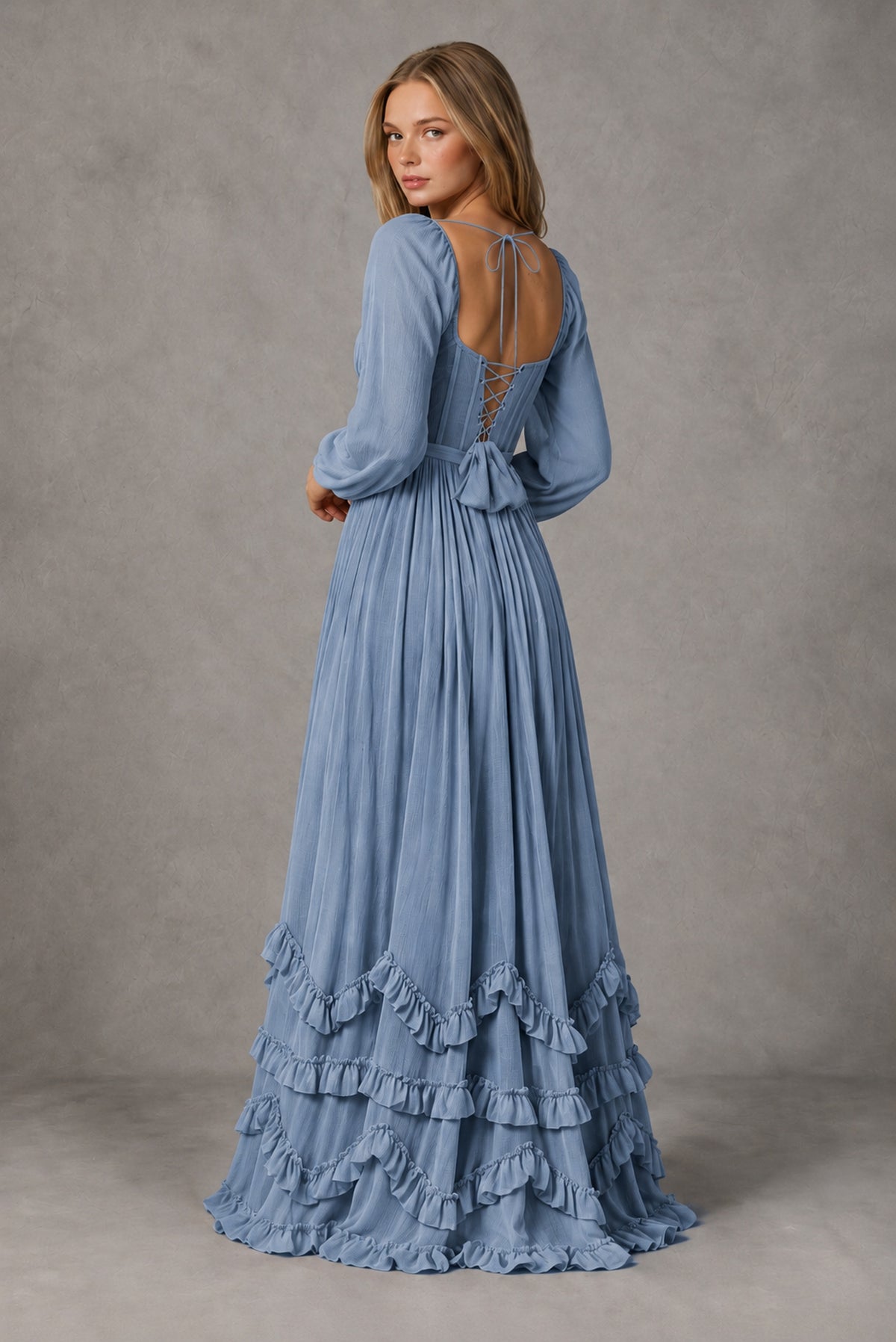Dusty Blue Long-Sleeve Ruffle Maxi Dress with Lace-Up Back and Slit - Dusty Blue