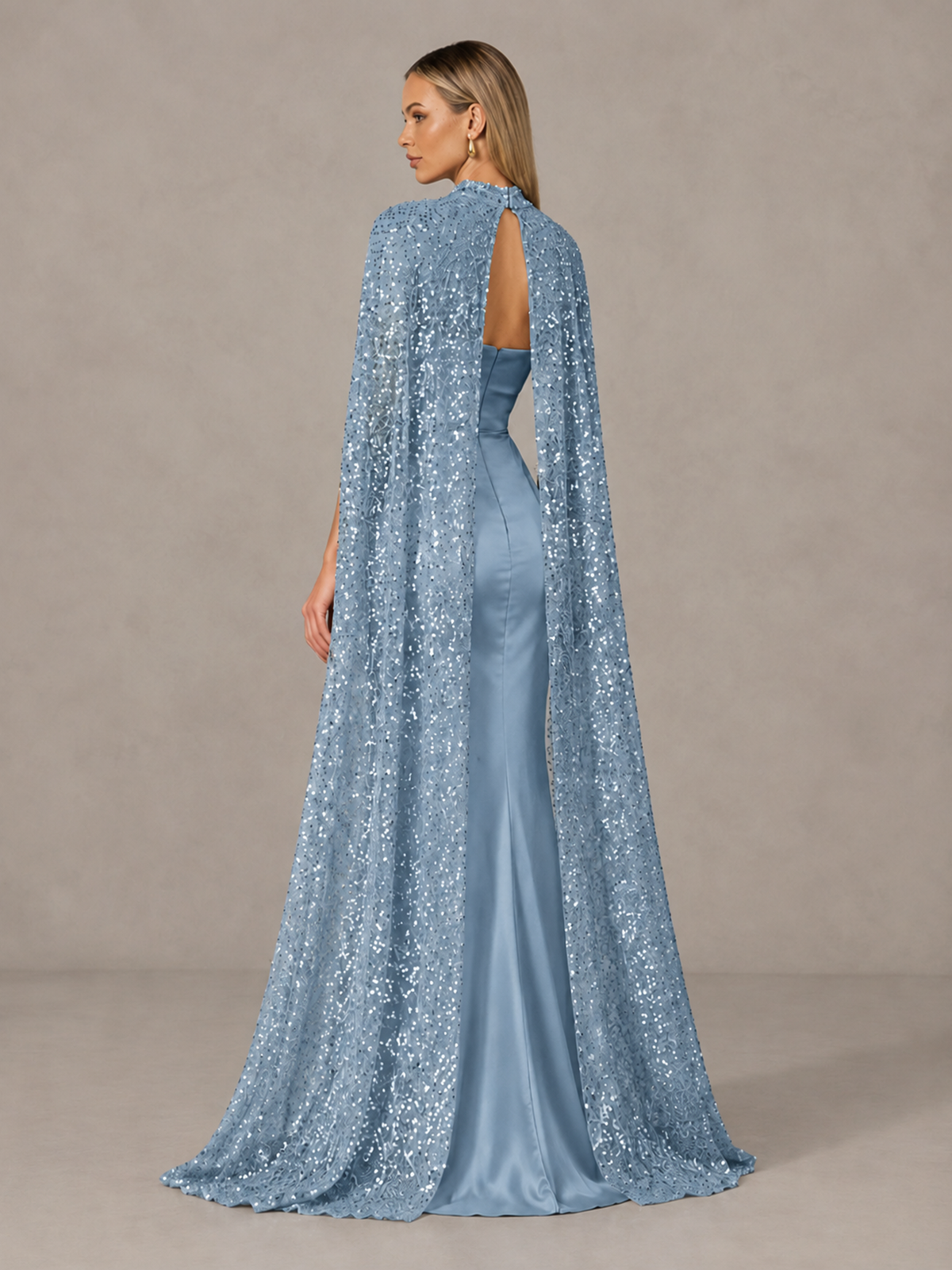 BOLODOO Dusty Blue Strapless Satin-Look Evening Gown with Sequin Cape - Dusty Blue - Dusty_Blue_2