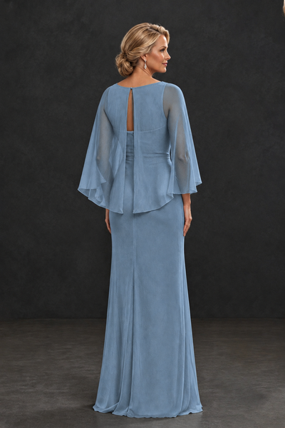 BOLODOO Dusty Blue Cape Sleeve Mother of the Bride Dress with Ruched Waist - Dusty Blue - Dusty Blue_2