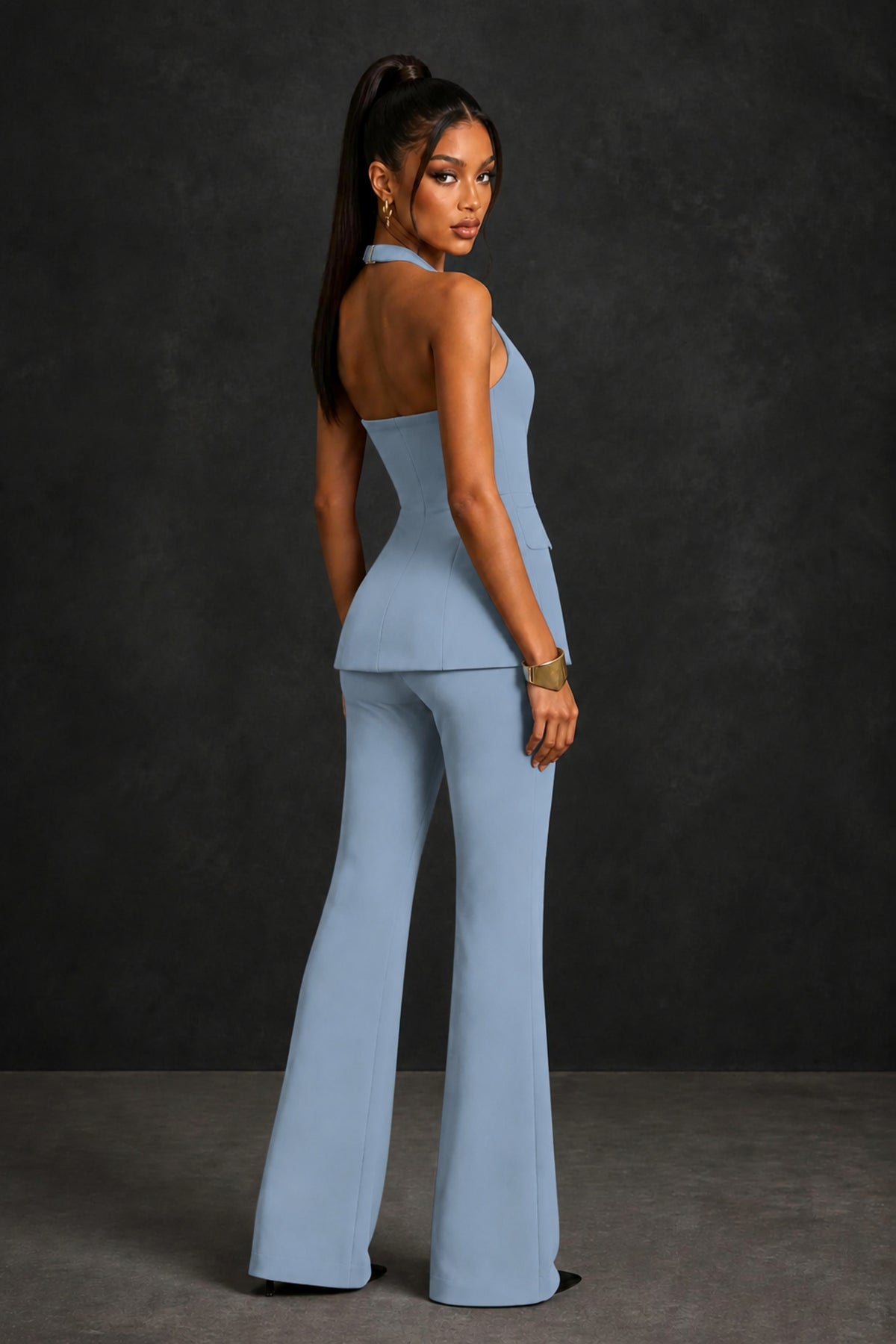 BOLODOO Dusty Blue Halter Neck Deep V Open Back– Formal Suit with Wide-Leg Pants - Dusty Blue