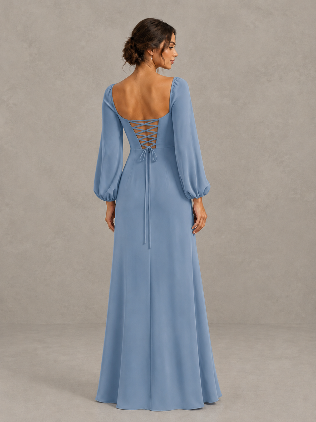 BOLODOO Dusty Blue Square Neck Long Sleeve Bridesmaid Dress with High Slit - Dusty Blue - Dusty Blue_2