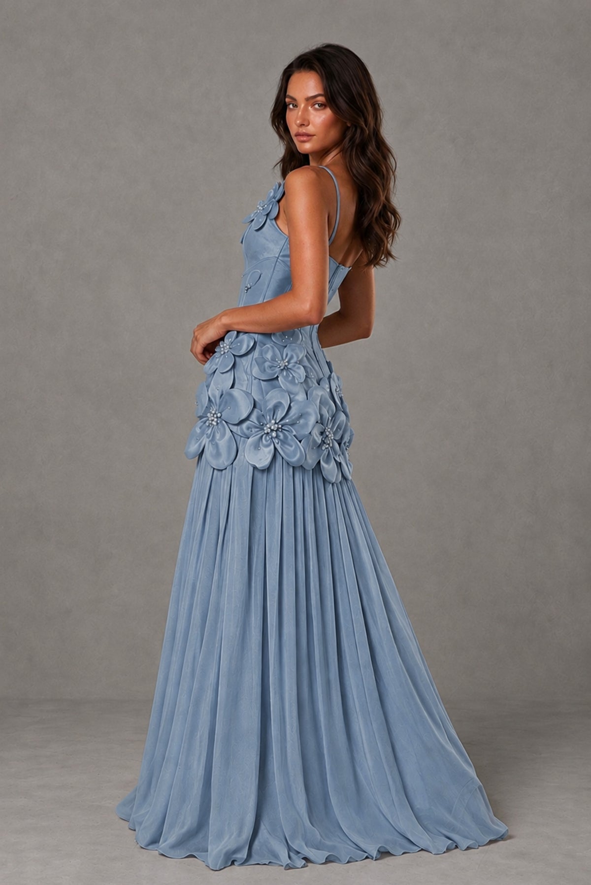 BOLODOO Dusty Blue 3D Floral Appliqué Floor-Length A-Line Evening Gown - Dusty Blue