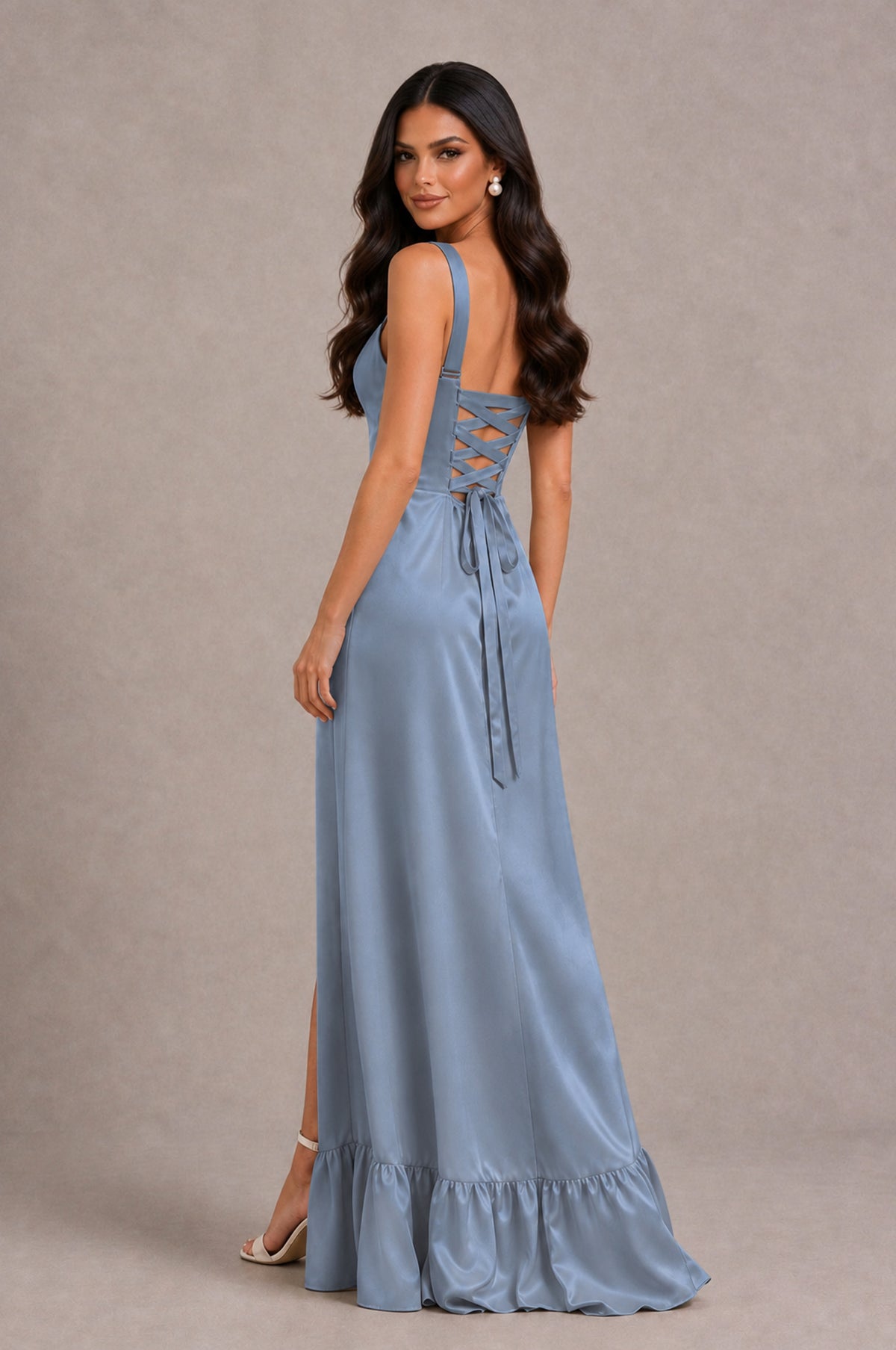 BOLODOO Dusty Blue Square Neck Satin Evening Dress with Lace-Up Back and High Slit - Dusty Blue - Dusty Blue_2
