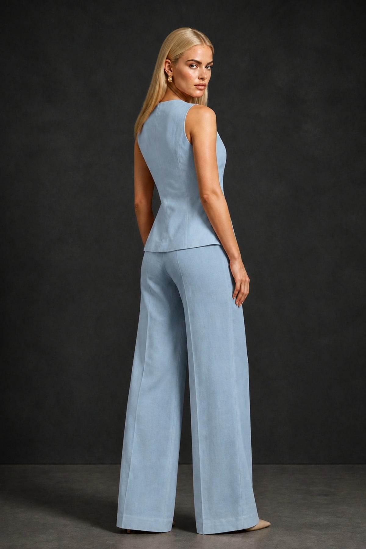 BOLODOO Dusty Blue Sleeveless Vest Top & Wide-Leg Trousers Two-Piece Suit Set – Dusty Blue Button Asymmetric Formal Set - Dusty Blue