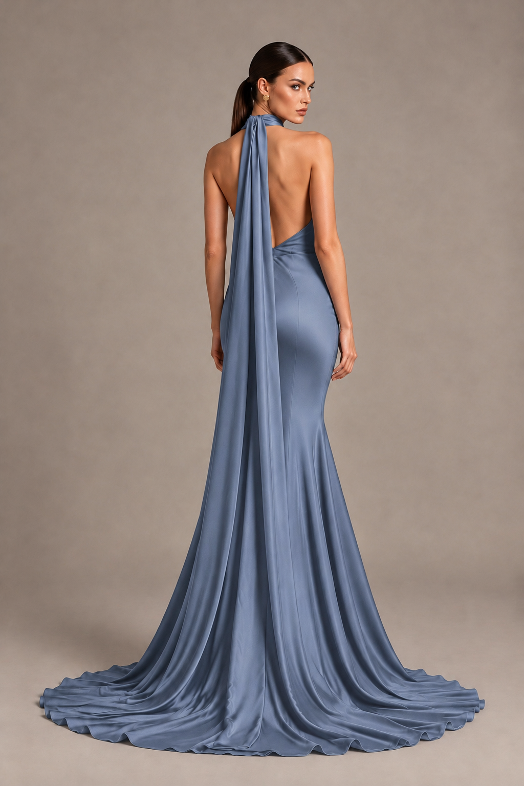 BOLODOO Dusty Blue One-Shoulder Satin Mermaid Evening Dress with Scarf - Dusty Blue - Dusty Blue_2
