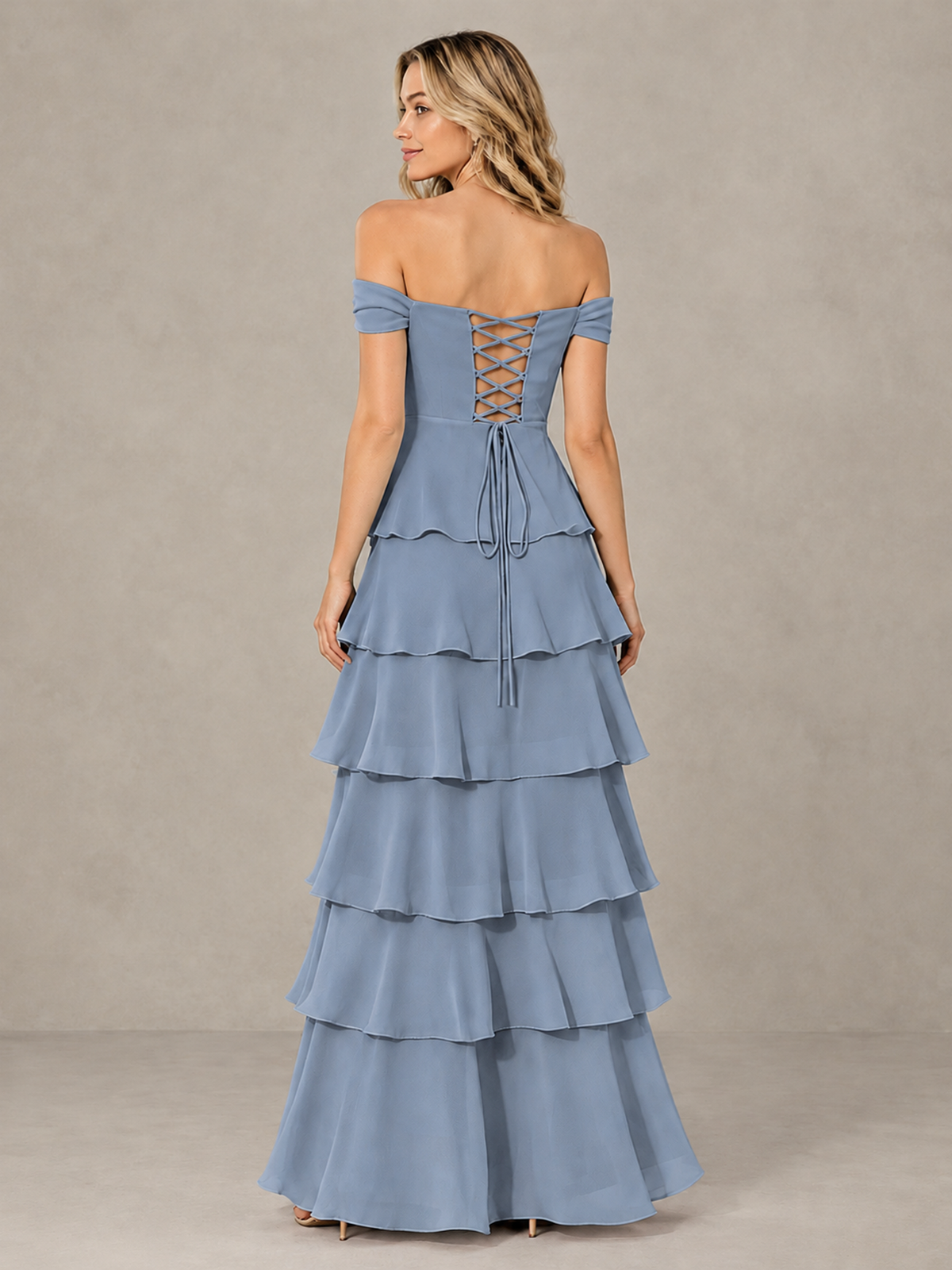 BOLODOO Dusty Blue Off-Shoulder Tiered Ruffle Bridesmaid Dress with Lace-Up Back - Dusty Blue - Dusty Blue_2