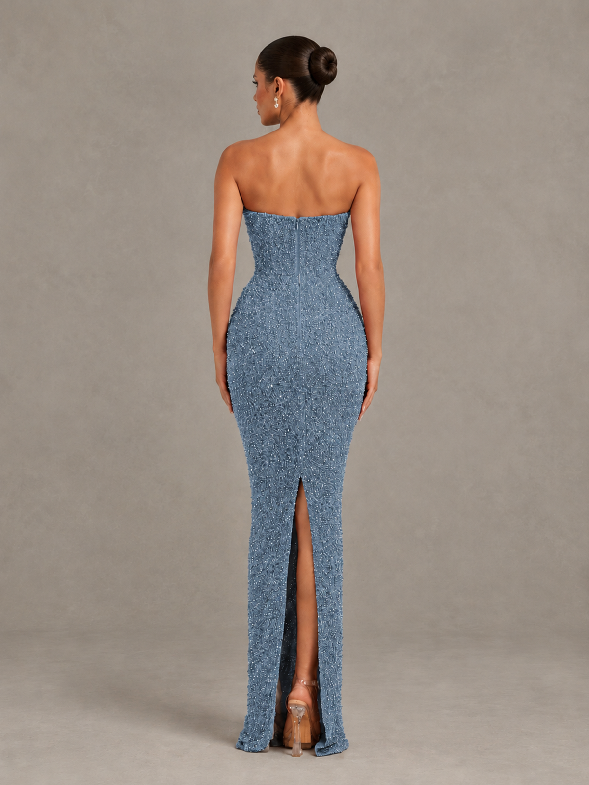BOLODOO Dusty Blue Strapless Sequin Evening Gown with Floral Neckline - Dusty Blue - Dusty Blue_2