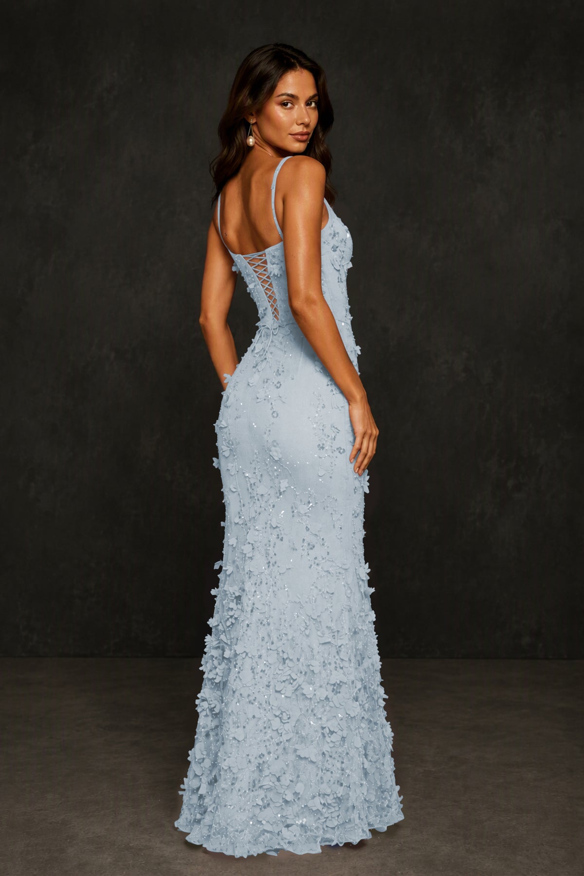 BOLODOO Dusty Blue Sequin 3D Floral Mermaid Maxi Gown – Lace-Up Back Formal Dress - Dusty Blue