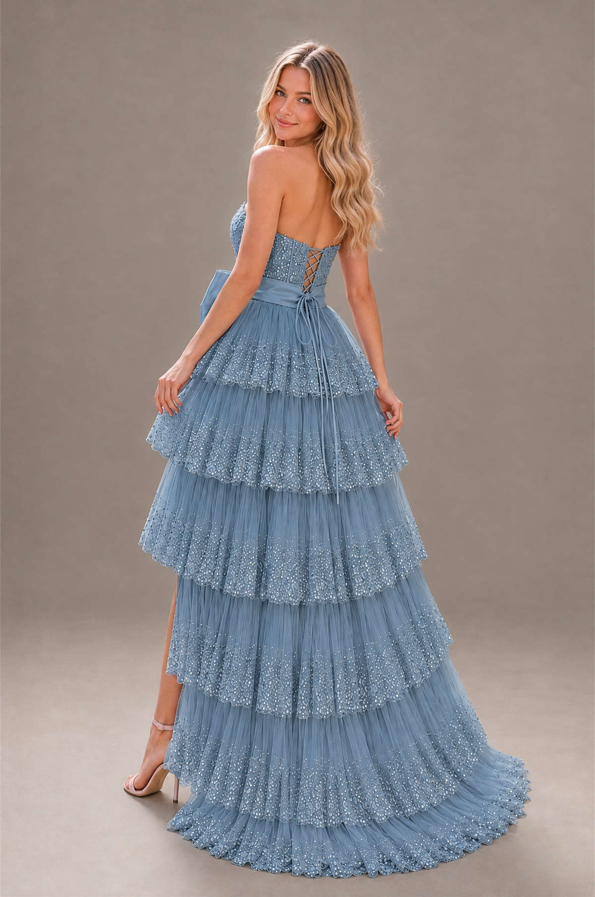 BOLODOO Dusty Blue Strapless Tiered Tulle Prom Dress with Bow - Dusty Blue - Dusty_Blue_2