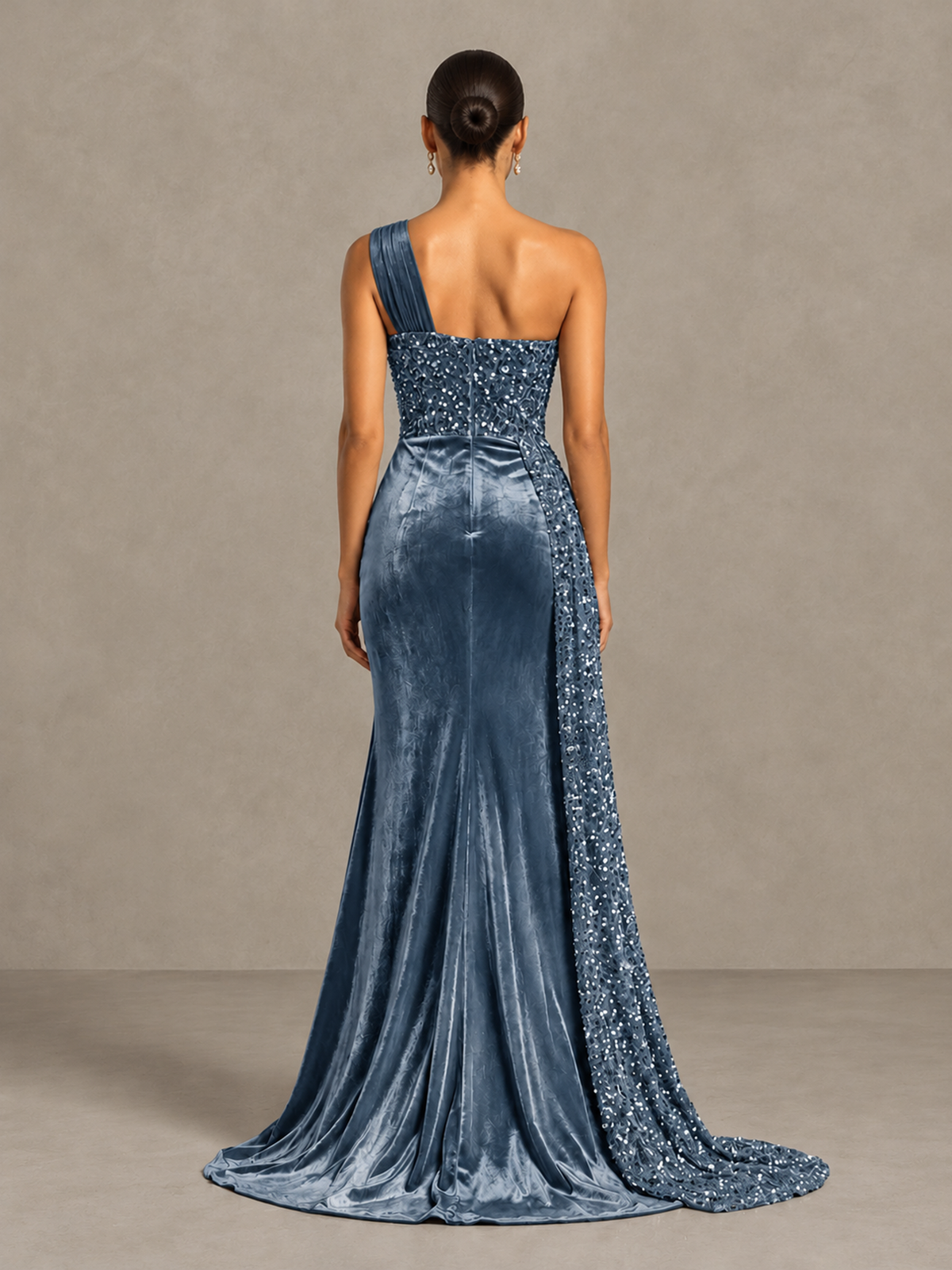 BOLODOO Dusty Blue One-Shoulder Satin Sequin Gown with High Slit - Dusty Blue - Dusty Blue_2