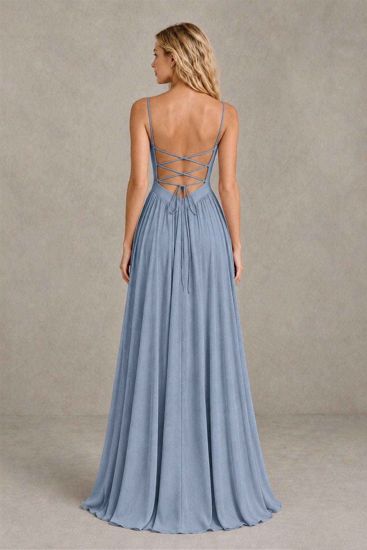 BOLODOO Dusty Blue Spaghetti Strap A-Line Bridesmaid Dress with Slit - Dusty Blue - Dusty Blue_2