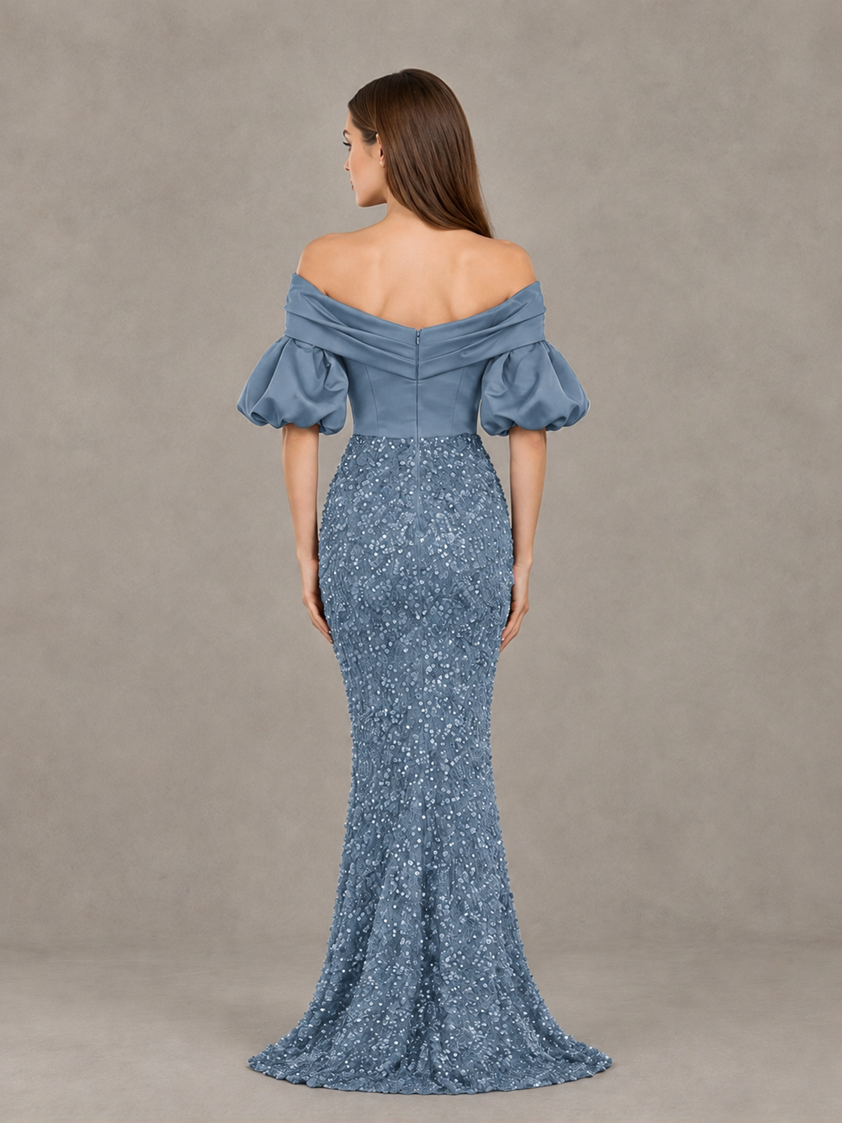 BOLODOO Dusty Blue Off-Shoulder Puff Sleeve Sequin Mermaid Evening Dress - Dusty Blue - Dusty Blue_2