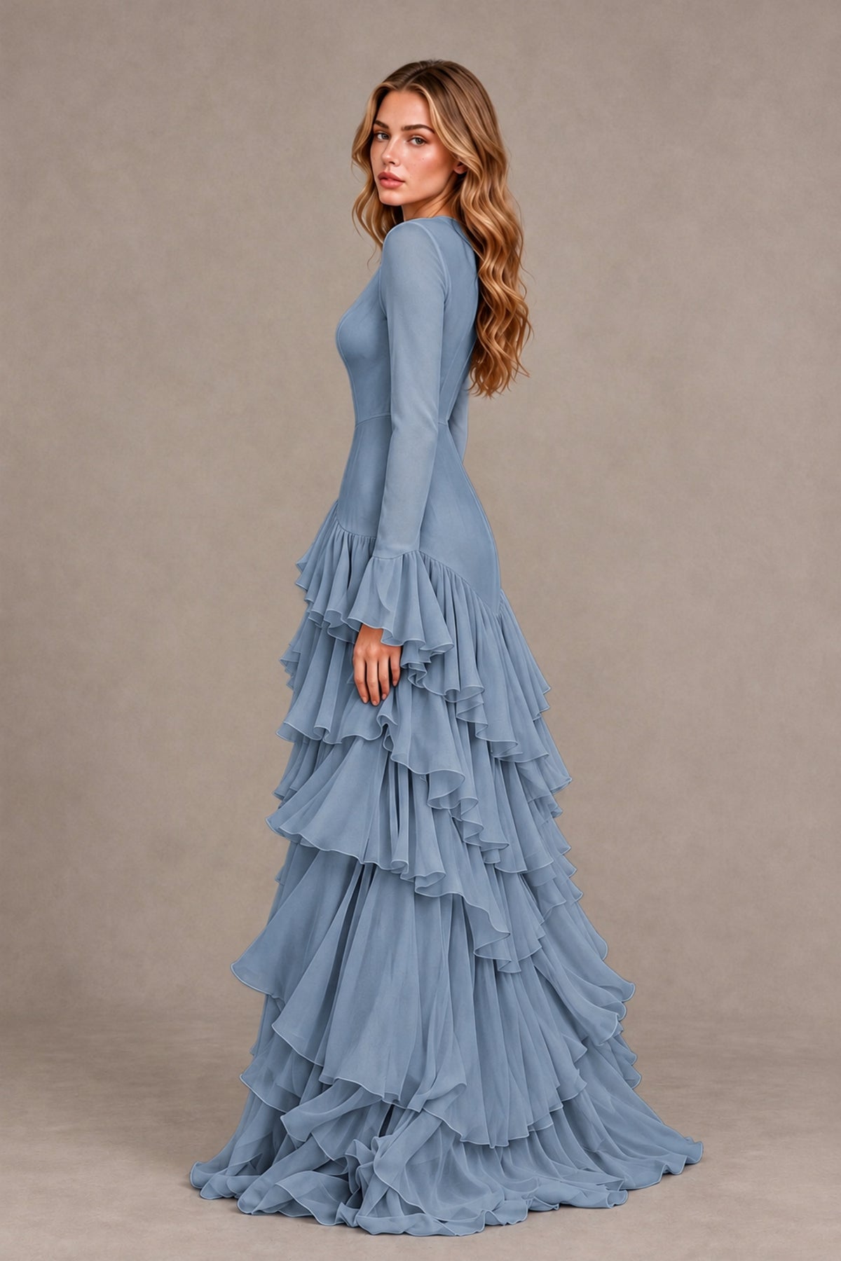 Dusty Blue Long Sleeve Tiered Ruffle Evening Gown - Dusty Blue - Dusty Blue_2