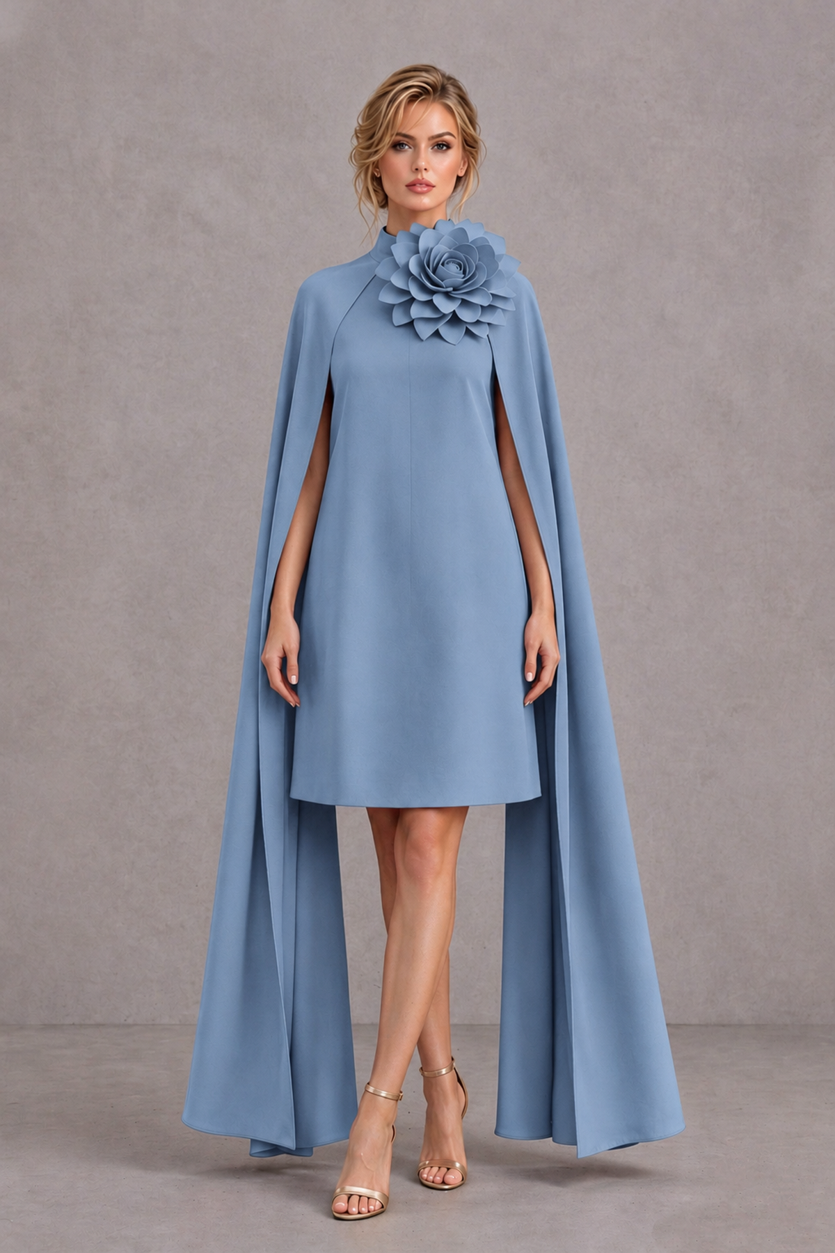 BOLODOO Dusty Blue High Neck Floral Cape Mini Cocktail Dress - Dusty Blue - Dusty Blue_2
