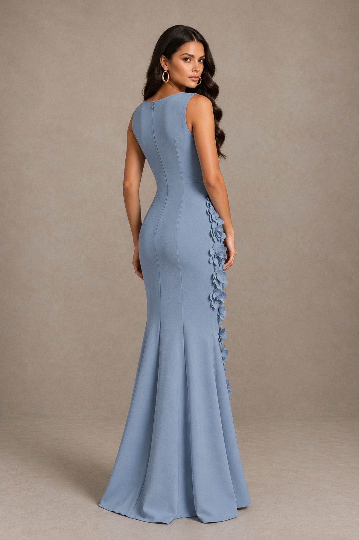 BOLODOO Dusty Blue Bateau Neck Sleeveless Asymmetric Peplum 3D Petal Appliqué Mermaid Gown BD0421 - Dusty Blue - Dusty Blue_2