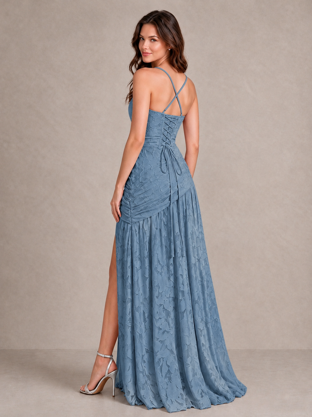 BOLODOO Dusty Blue Floral Jacquard Bridesmaid Dress with Square Neck, Lace-Up Back & High Slit - Dusty Blue - Dusty Blue_2
