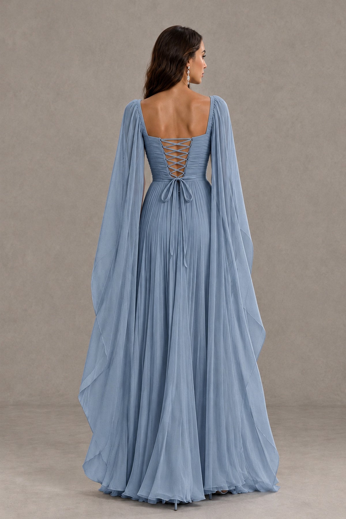 BOLODOO Dusty Blue Square Neck Cape Sleeve A-Line Evening Dress - Dusty Blue - Dusty_Blue_2