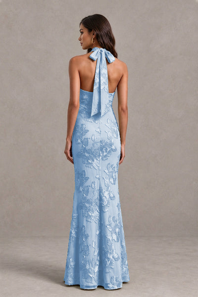 BOLODOO Dusty Blue Floral Jacquard Halter Maxi Dress - Dusty Blue - Dusty Blue(2)