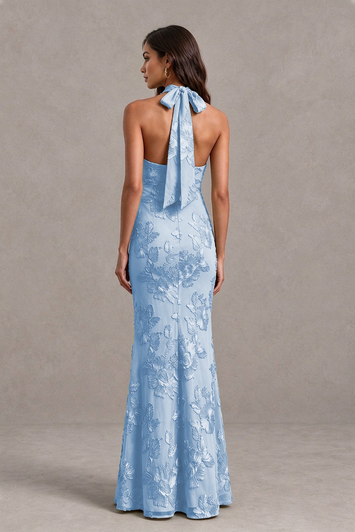 BOLODOO Dusty Blue Floral Jacquard Halter Maxi Dress - Dusty Blue - Dusty Blue(2)