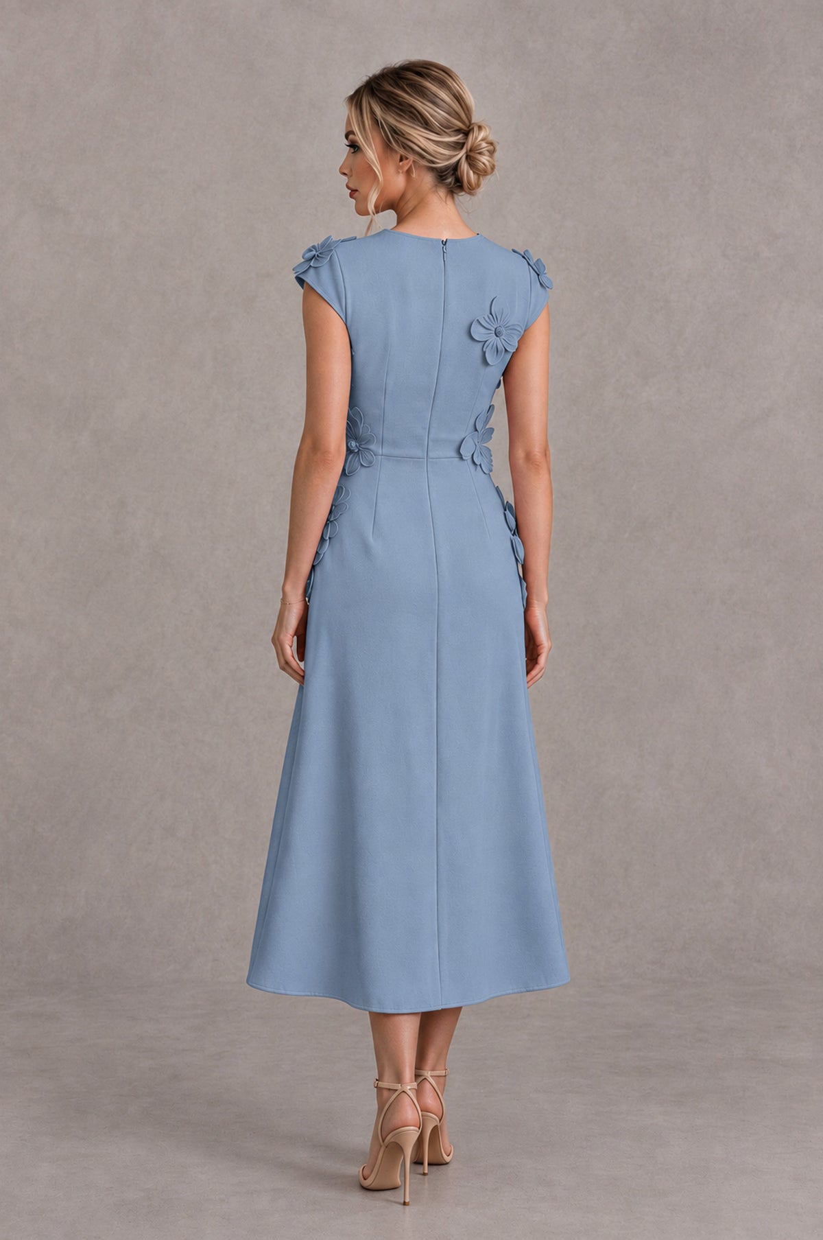 BOLODOO Dusty Blue 3D Floral Cap Sleeve Midi Cocktail Dress - Dusty Blue - Dusty Blue_2