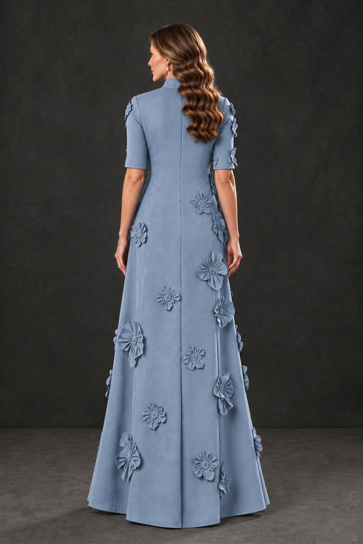 BOLODOO Dusty Blue Floral Applique High-Neck Half-Sleeve Gown - Dusty Blue - Dusty Blue_2