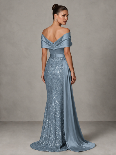 BOLODOO Dusty Blue Sequin Mermaid Evening Dress with Off-Shoulder Satin Drape and Sweep Train - Dusty Blue - Dusty Blue_2