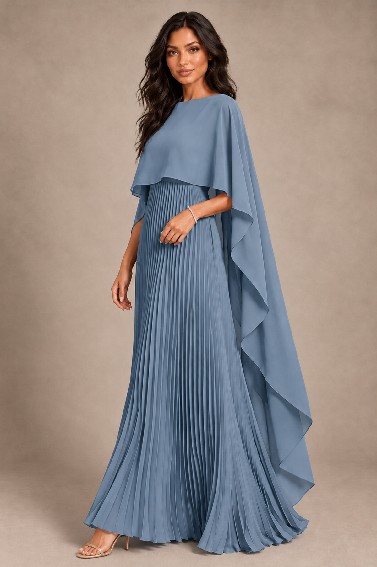 BOLODOO Dusty Blue Pleated Cape A-Line Evening Dress - Dusty Blue - Dusty_Blue_2