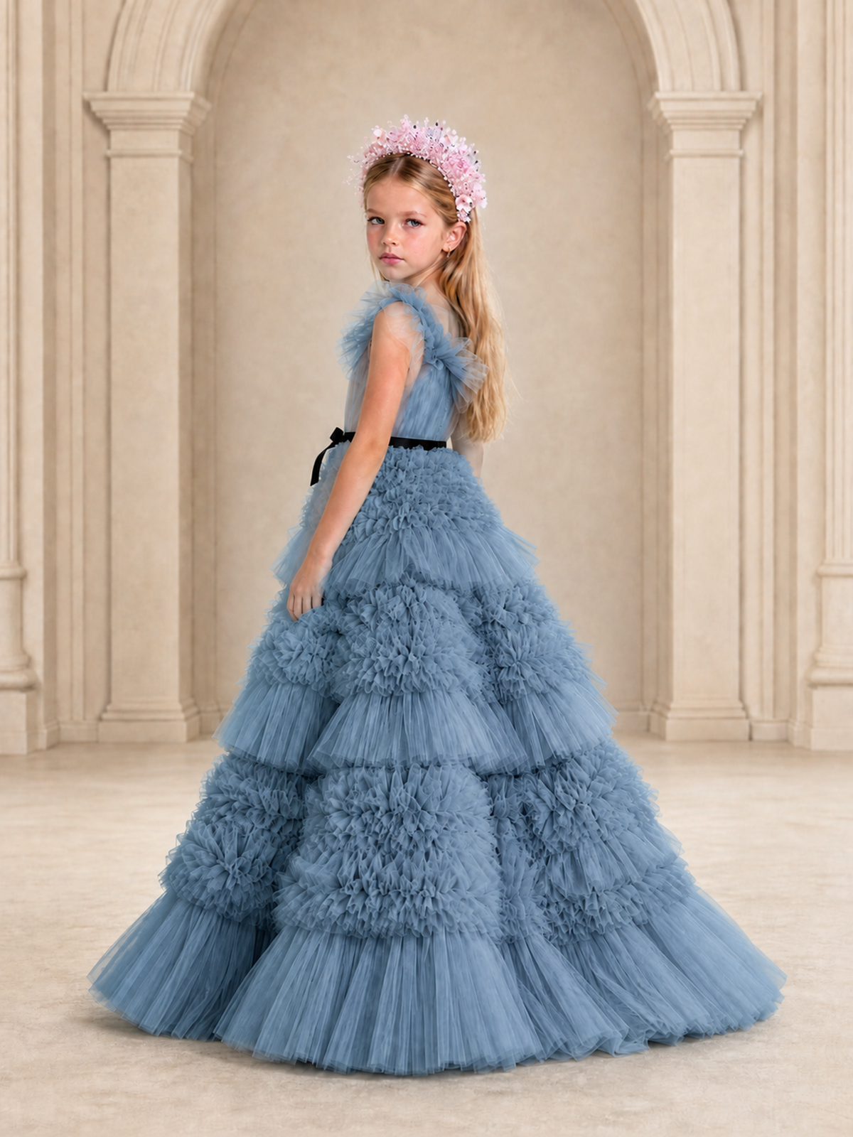BOLODOO Dusty Blue Tiered Tulle Flower Girl Dress with Floral Appliques - Dusty Blue - Dusty Blue_2