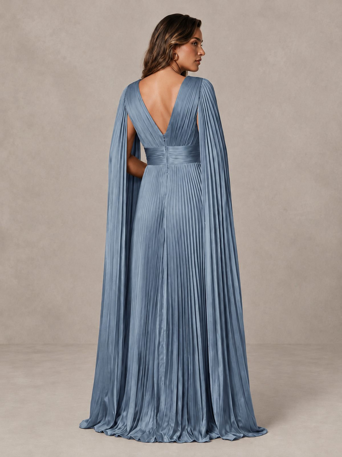 BOLODOO Dusty Blue Deep V-Neck Pleated Cape Sleeve Evening Gown - Dusty Blue - Dusty Blue_2