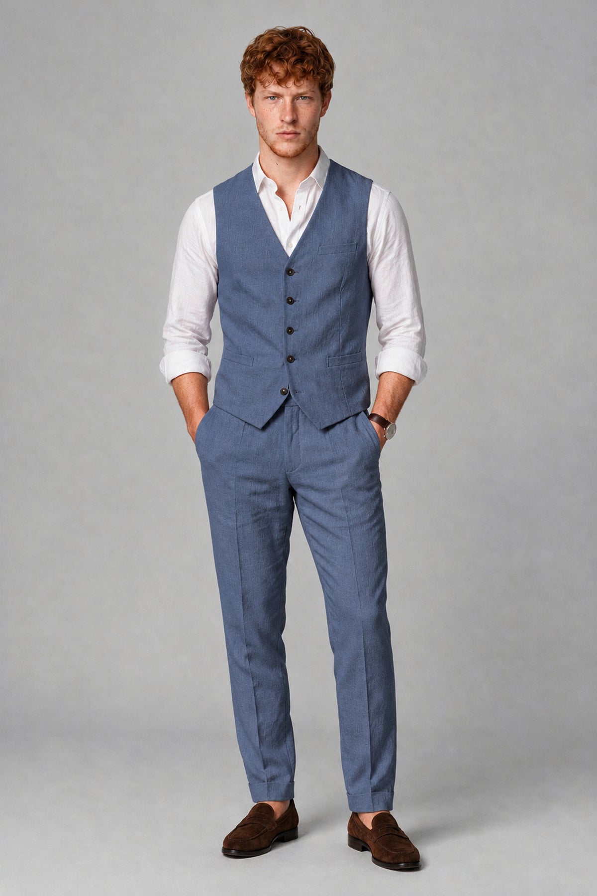 Bolodoo Men's Dusty Blue 2-Piece Vest and Pants Set with V-Neck Waistcoat - Dusty Blue - Dusty Blue_2
