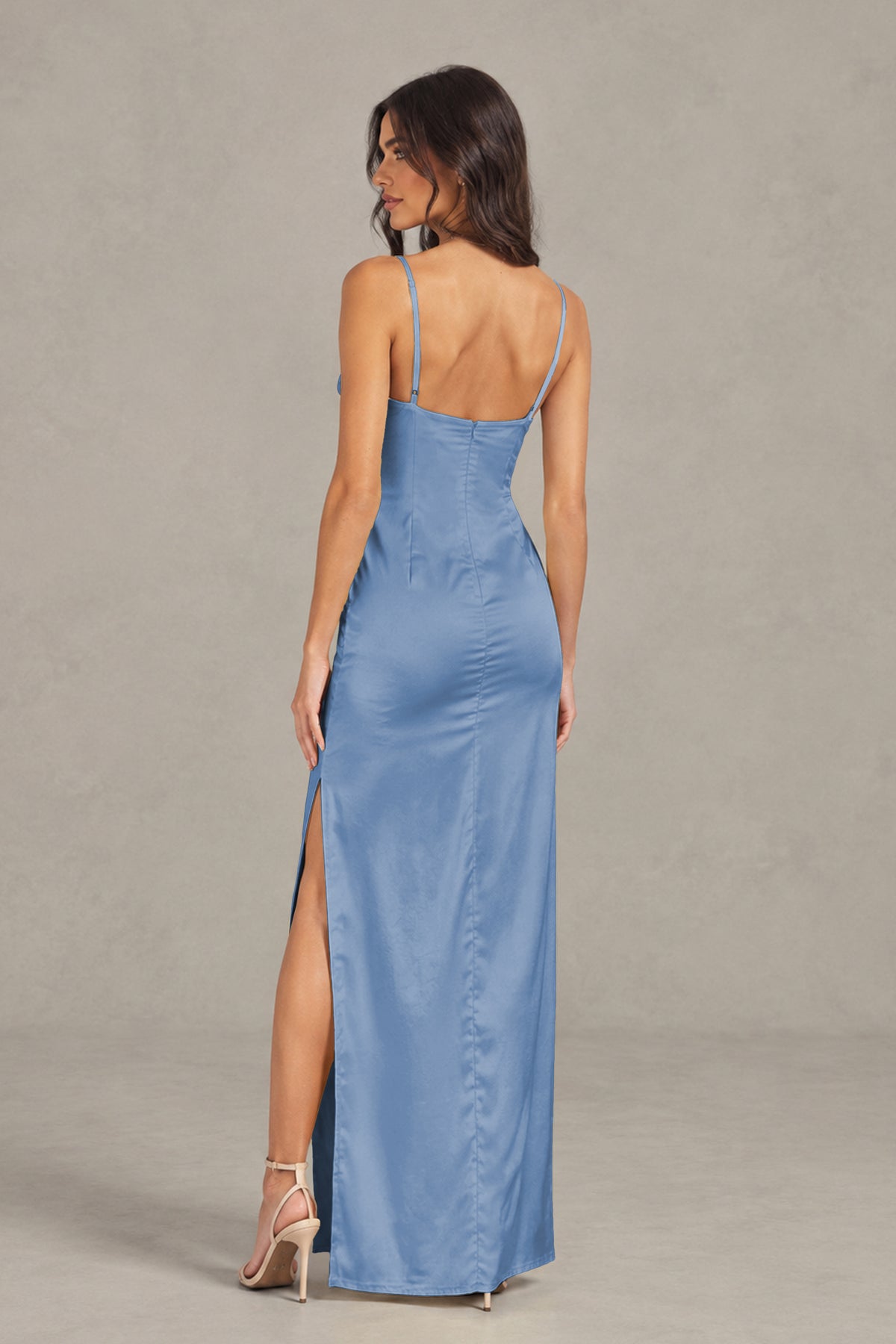 BOLODOO Dusty Blue Satin Cowl Neck Open Back Mermaid Maxi Dress with Side Slit - Dusty Blue